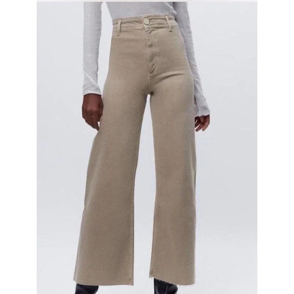 Zara The Marine Straight Wide Leg High-Rise Mushroom Taupe Raw Hem Size 4 Jeans